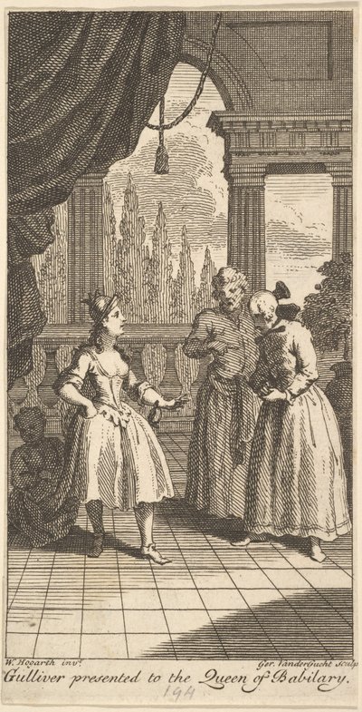 Gulliver présenté à la reine de Babilary, frontispice de Les Voyages de M. ... - Gerard Vandergucht