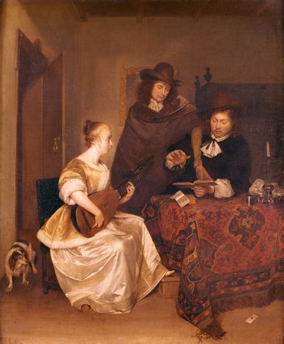 Une jeune femme jouant du théorbe pour deux hommes - Gerard ter Borch