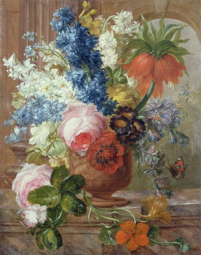 Roses, Delphiniums, Anémone, Capucine et un Lys Impérial dans une urne sculptée sur un rebord de marbre - Gerard van (after) Spaendonck