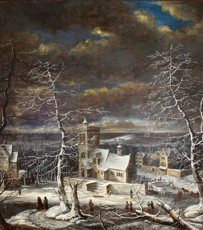 Un village en hiver dans un paysage étendu avec des personnages sur la glace - Gerard van Edema