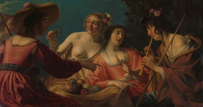 Berger jouant de la flûte et quatre bergères - Gerard van Honthorst