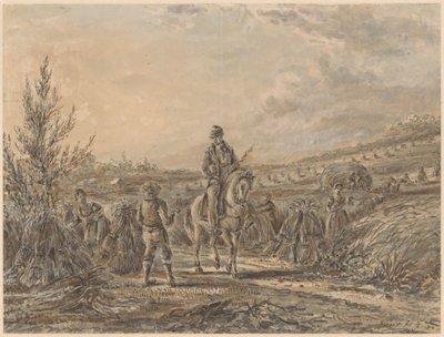 Paysage avec cavalier parmi des paysans récoltant - Gerardus Emaus de Micault