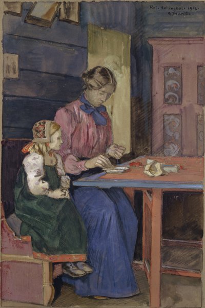 Jeune fille de Hallingdal apprenant à enfiler des perles - Gerhard Peter Frantz Vilhelm Munthe