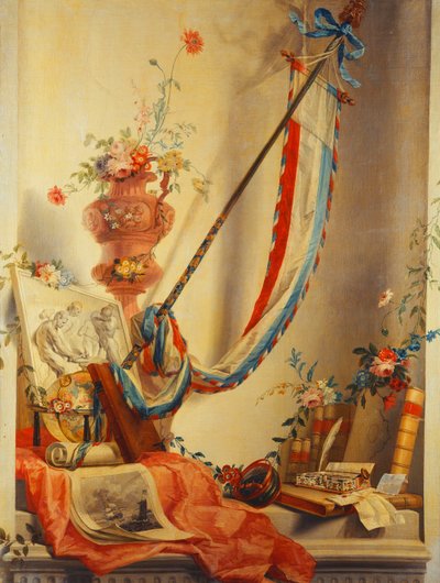 Une bannière, des fleurs dans une urne, un relief, un globe, une gravure, une boussole, un nécessaire d