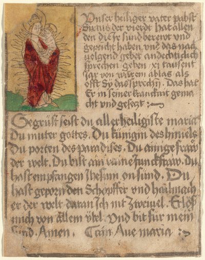Madone et Enfant dans une Gloire avec une Indulgence et une Prière - German 15th Century