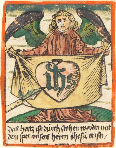 Monogramme Sacré dans un Sacré-Cœur sur un Tissu Tenu par un Ange - German 15th Century