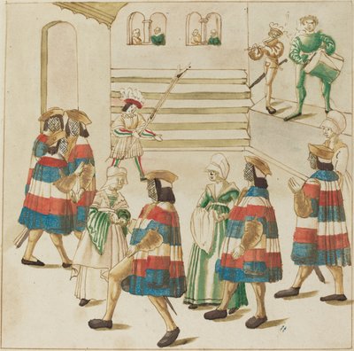 Hommes en rouge, blanc et bleu dansant avec leurs partenaires - German 16th Century