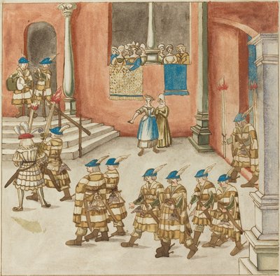 Procession de chevaliers vue par des dames sur un balcon - German 16th Century