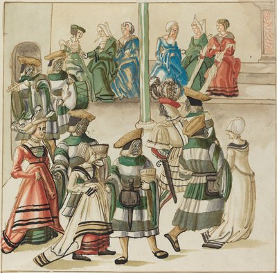 Trois couples dansant menés par deux chevaliers dans une salle avec colonne - German 16th Century