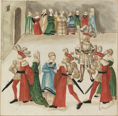 Trois hommes en capes rouges dansant avec leurs partenaires - German 16th Century