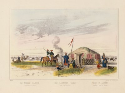 Une famille kalmouke (mongole occidentale) gardant des chevaux, feuille illustrée publiée par Joseph Scholz, Mayence, vers 1860 - German School