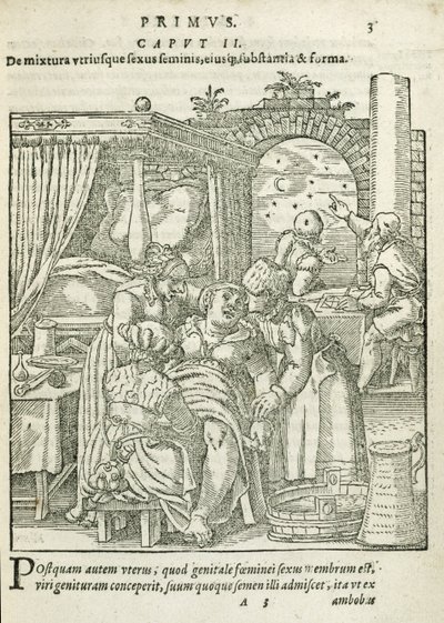 Une femme en travail, illustration du chapitre 2, Livre 1 de Sur la conception et la croissance de l