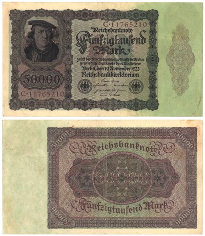 Un billet de cinquante mille marks, 1922 (recto et verso) - German School