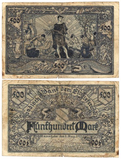 Un billet de cinq cent marks, 1922 (recto et verso) - German School