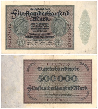 Un billet de cinq cent mille marks, 1923 (recto et verso) - German School