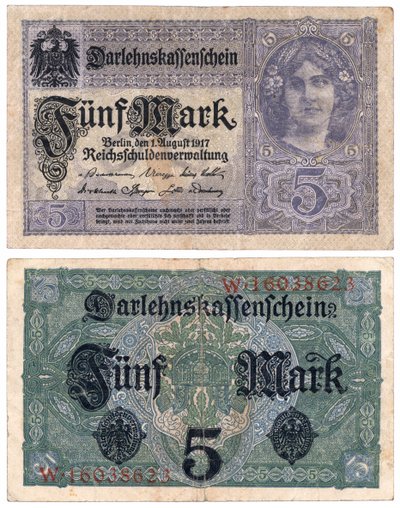 Un billet de cinq marks, 1917 (recto et verso) - German School