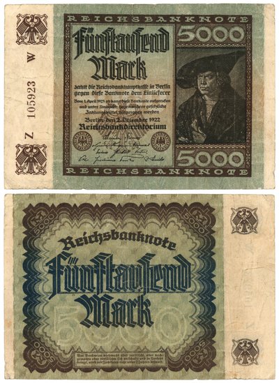 Un billet de cinq mille marks, 1922 (recto et verso) - German School