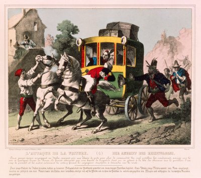 Un couple en lune de miel attaqué par des bandits de grand chemin en Italie, feuille illustrée publiée par Gangel & P. Didion, Metz, vers 1850 - German School