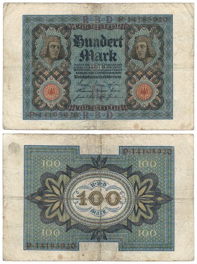Un billet de cent marks, 1920 (recto et verso) - German School