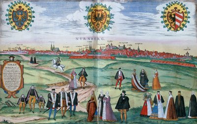 Vue panoramique de Nuremberg, avec des personnages en costume local au premier plan, vers 1575 - German School