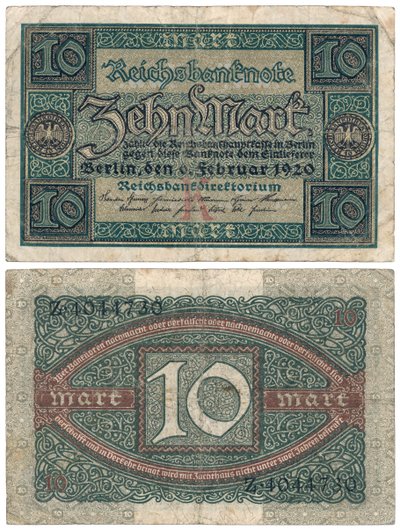 Un billet de dix marks, 1920 (recto et verso) - German School