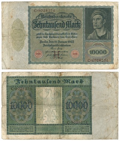 Un billet de dix mille marks, 1922 (recto et verso) - German School