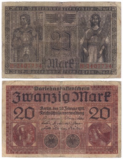 Un billet de vingt marks, 1918 (recto et verso) - German School