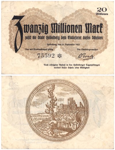 Un billet de vingt millions de marks, 1923 (recto et verso) - German School