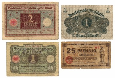 Un billet de deux marks, deux billets de un mark et un billet de vingt-cinq pfennig, 1920-21 - German School