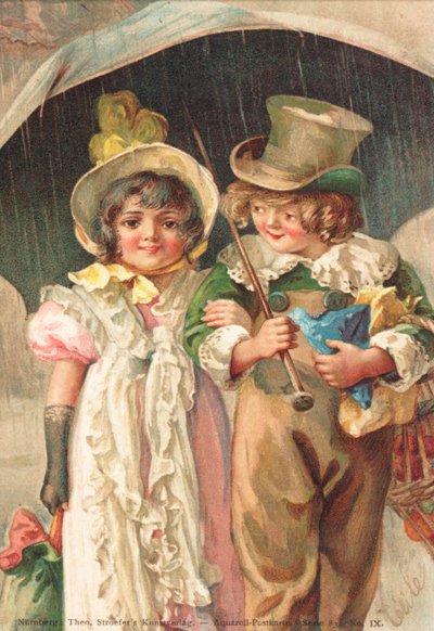 Un jeune garçon marche bras dessus bras dessous avec une jeune fille (lithographie en couleur) - German School