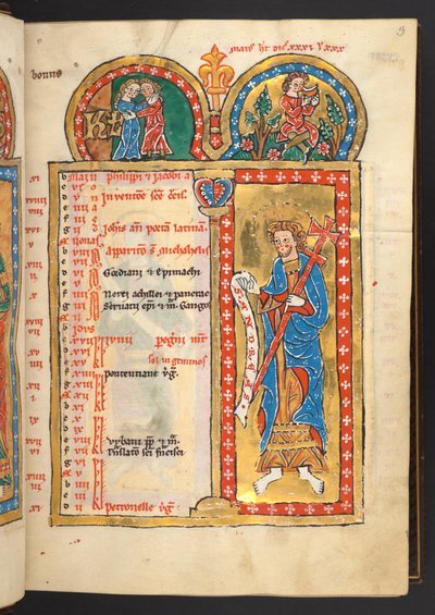 Mai, des 12 pages du calendrier en or et en couleurs, avec des cadres architecturaux contenant chacun un signe du zodiaque, un apôtre et un travail du mois - German School