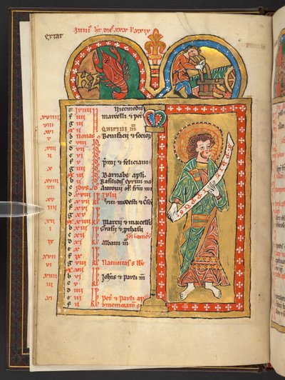 Juin, des 12 pages du calendrier en or et en couleurs, avec des cadres architecturaux contenant chacun un signe du zodiaque, un apôtre et un travail du mois - German School