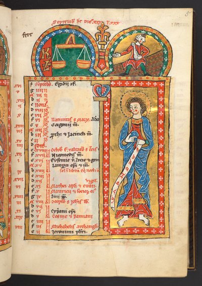 Septembre. 12 pages de calendrier en or et couleurs, avec des cadres architecturaux contenant chacun un signe du zodiaque, un apôtre et un travail du mois. Psautier illuminé avec un calendrier, des cantiques et des litanies pour l