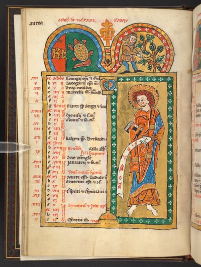 Octobre. 12 pages de calendrier en or et en couleurs, avec des cadres architecturaux contenant chacun un signe du zodiaque, un apôtre et un travail du mois. Psautier. Psautier illuminé avec un calendrier, des cantiques et des litanies pour l
