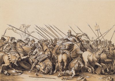 Alexandre le Grand et son armée au combat (lithographie couleur) - German School