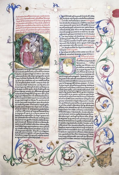 Une page illuminée représentant Saint Jérôme dans son étude, et une bordure incorporant un griffon attaqué par trois hommes, 1470 - German School
