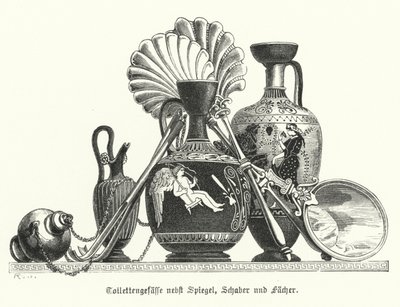 Vases de toilette grecs antiques avec un miroir, des grattoirs et des éventails - German School