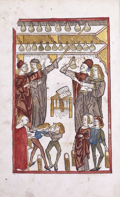 Apothicaires et potions, avec deux garçons se battant au premier plan, 1491 - German School