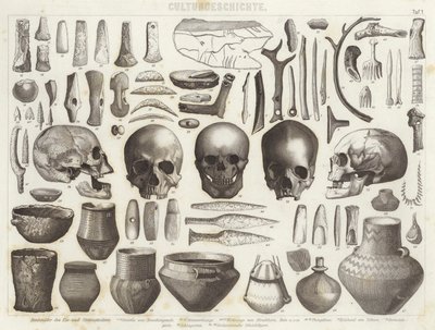 Artefacts des âges de glace et de pierre. Illustration pour Bilder-Atlas (gravure) - German School