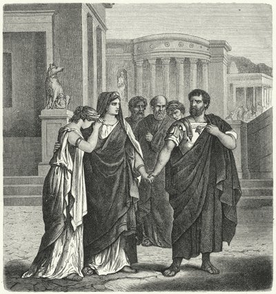 Atilius Regulus se préparant à quitter Rome pour retourner en captivité à Carthage (gravure) - German School