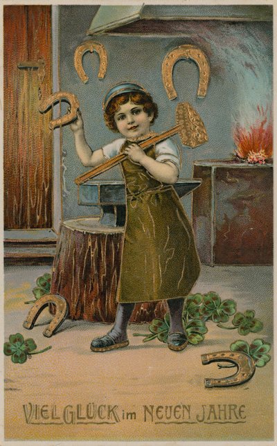 Garçon forgeron fabriquant des fers à cheval dorés pour la chance du Nouvel An. Carte postale envoyée le 31 décembre 1913. - German School