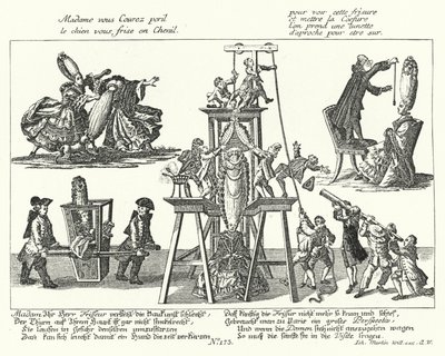 Caricature sur les perruques excessivement hautes portées par les femmes à la mode au XVIIIe siècle (gravure) - German School