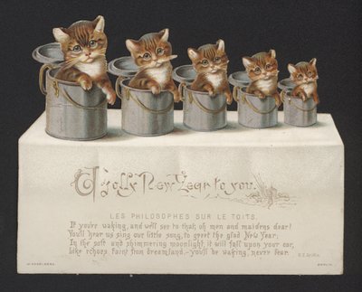 Chats dans des seaux, carte de vœux du Nouvel An (chromolithographie) - German School