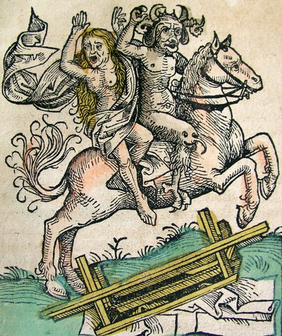 Diable et une femme à cheval, publié dans la Chronique de Nuremberg, 1493 - German School