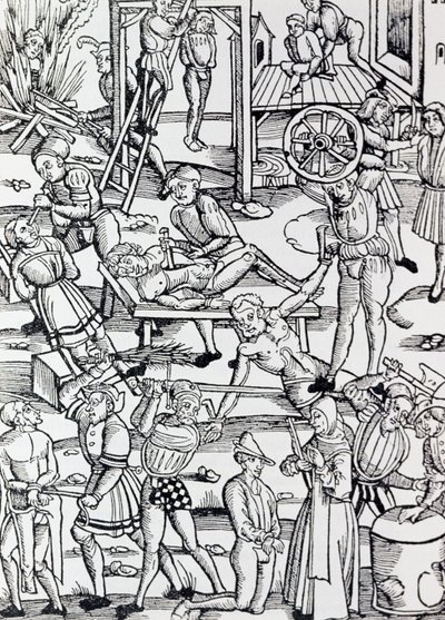 Différentes formes de punition utilisées en Allemagne en 1500 pour divers crimes, Gravure, Allemagne - German School
