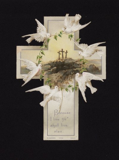 Colombes portant une couronne au-dessus des trois croix sur la colline du Calvaire, carte de vœux chrétienne - German School