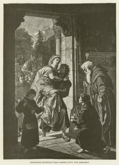 Ekkehard amenant Frau Hadwig au couvent (gravure) - German School