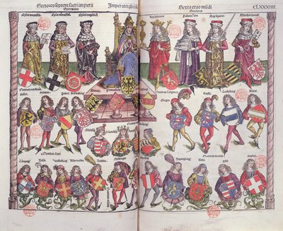 Empereur et électeurs du Saint-Empire romain germanique avec vingt-quatre nobles allemands présentant leurs armoiries - German School