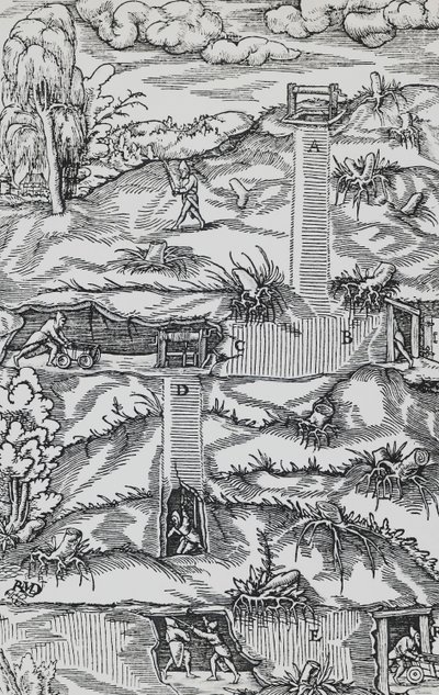Gravure de De re metallica (Sur la nature des métaux), par Georg Pawer ou Georgius Agricola (1494-1555), publiée à Bâle - German School