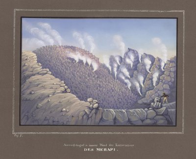 Éruptions et mur intérieur du volcan Merapi, Pl. V de Topographischer und Naturwissenschaftlicher Atlas zur Reise durch Java, par Dr.Fr.Junghuhn, Magdebourg 1845 - German School